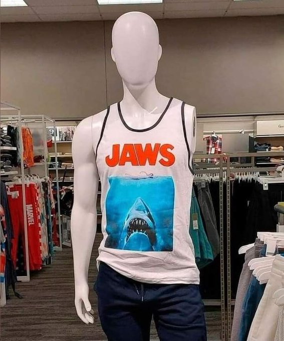 one-armed mannequin wearing Jaws tshirt