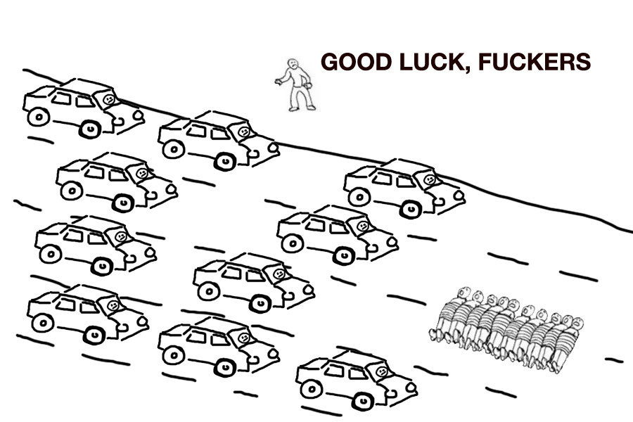 "Good luck, fuckers"<br><br>10 people tied up in rope lay in a 4 road as cars rush towards them. the guy on the side helplessly watches