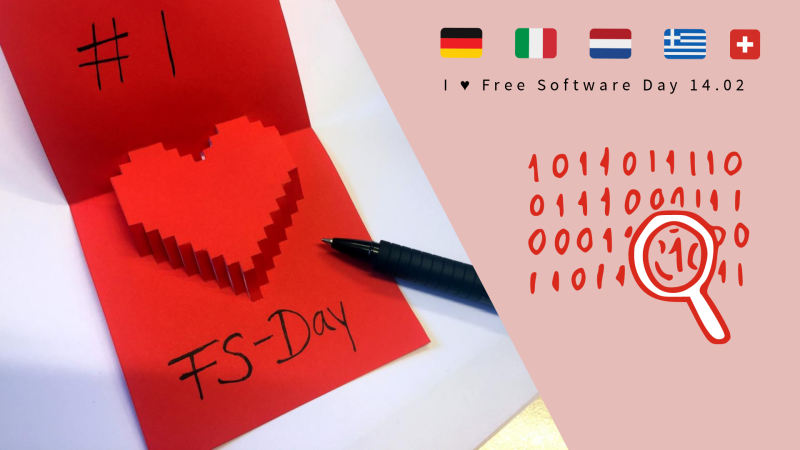 IEinladungskrate zum I Love Freesoftware Tag. Abgebildet ist eine 3D Postkarte mit Herz auf der handschriftlich I love FS steht.