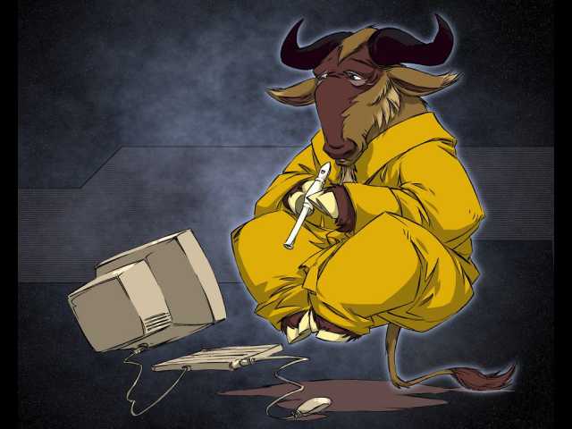 A meditating Gnu in front of a desktop computer