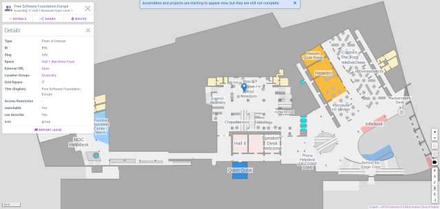 Lageplan vom 37c3 im CCH - markiert ist die Position des Bits & Bäume Habitats, genauer der Stand der Free Software Foundation Europa in Halle 1 Ebene 1