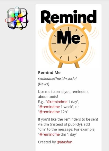 A screen of the remindMe profile as seen on a friendica profile that contains the info of the text in this post.