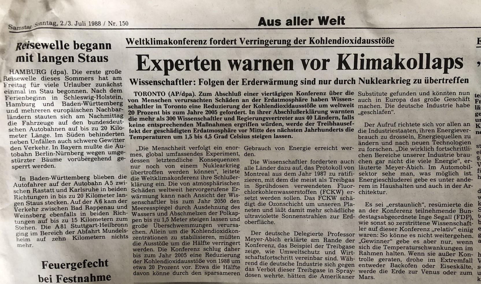 Artikel aus der Badischen Zeitung vom 2. Juli 1988, mit der Überschrift: „Experten waren vor Klimakollaps“