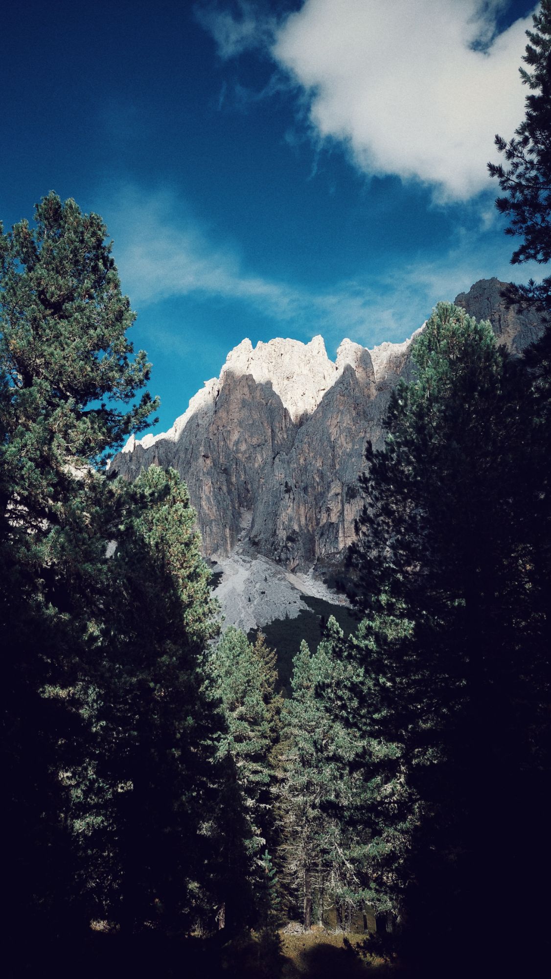 Mountain scenery, blue sky, forest, some clouds.