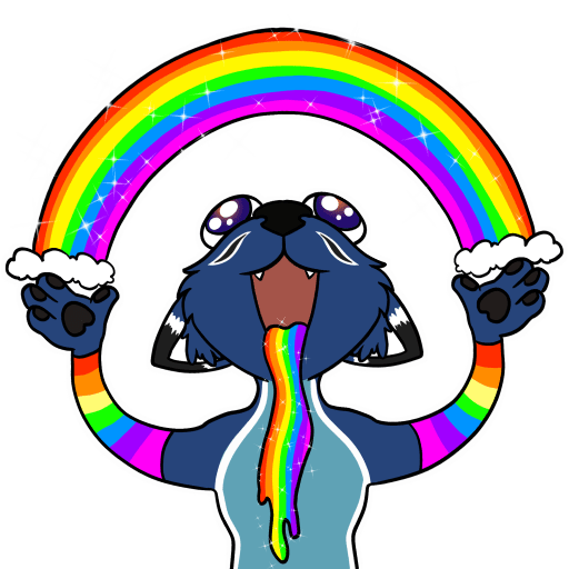 Soatok holding his arms out at eye level, a rainbow springing forth from his palms over his head. Hie eyes are big and watery. His maw is open, and rainbow drool is coming out. His arms have rainbow sleeves. This is the gayest sticker I own. Happy Pride month!