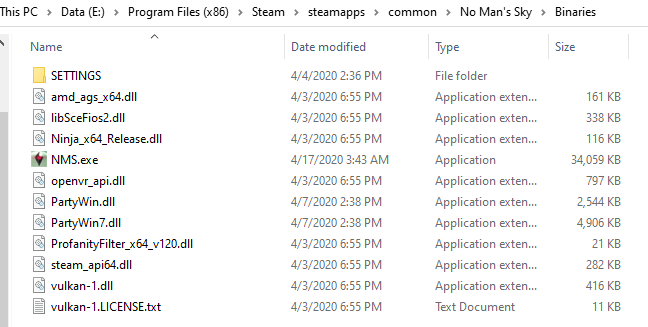 Binaries containing No Man's Sky.