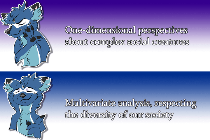 Drakeposting meme; Top: "One-dimensional perspectives about complex social creatures" Bottom: "Multivariate analysis, respecting the diversity of our society"