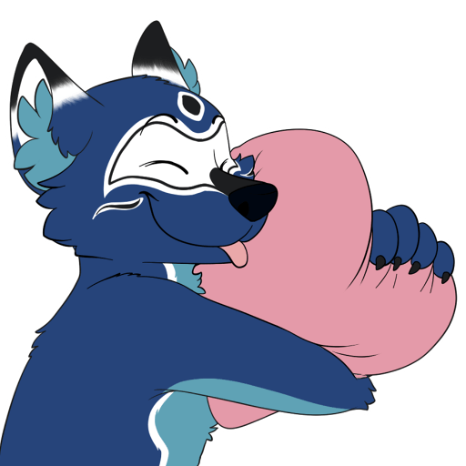 Soatok hugging a giant pink heart while making a blep face