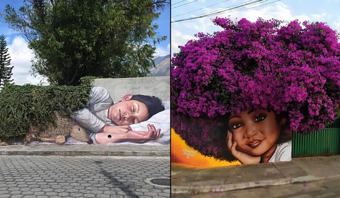 A split-image showcasing two stunning examples of street art merging with nature. On the left, a mural of a sleeping child painted on a concrete wall in Ecuador by El Decertor. The child rests peacefully with a stuffed hedgehog, while real creeping vines extend over the artwork, resembling a natural blanket. On the right, a mural by Fábio Gomes Trindade in Brazil features a young girl with expressive eyes and a warm smile. Above her head, a vibrant bougainvillea tree naturally forms the appearance of her afro-textured hair, blending art and nature seamlessly.