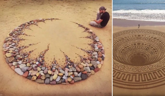A composite image showcasing two of Jon Foreman’s land art pieces. On the left, “Consumo” features a circular arrangement of colorful stones on sand, with jagged patterns radiating inward, and the artist sitting nearby. On the right, “Below” displays a massive sand design with intricate geometric patterns, creating an optical illusion of depth, set against the backdrop of the ocean.