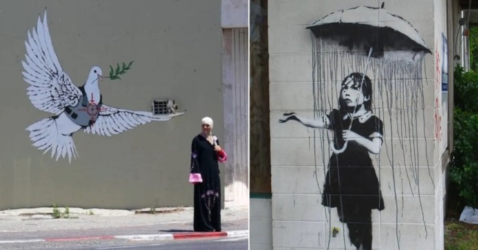 A split-image featuring two iconic Banksy street artworks. On the left, "Dove of Peace" is stenciled on a concrete wall in Bethlehem, showing a white dove wearing a bulletproof vest with a red crosshair over its chest, holding an olive branch in its beak. A woman in a black hijab and pink-accented dress stands nearby, looking towards the mural. On the right, "NOLA (Rain Girl)" is painted on the corner of a building in New Orleans, depicting a young girl in a black dress holding an umbrella that paradoxically causes rain to pour down on her while she reaches out her hand to check for actual rain.