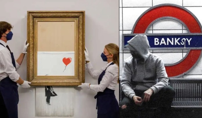 Split image showing Banksy's iconic partially shredded artwork 'Girl with Balloon' ('Love is in the Bin') displayed at Sotheby’s auction, alongside an anonymous figure in a hoodie sitting beside a modified London Underground sign reading 'BANKSY,' highlighting the mystery surrounding the street artist's hidden identity.