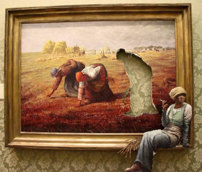 ‘Agency Job (The Gleaners)’ by Banksy, displayed at the Banksy vs. Bristol Museum exhibition in 2009, reimagines Jean-François Millet's classic painting ‘The Gleaners.’ Banksy has modified the artwork to show a figure-shaped cutout through the canvas, with a woman dressed in modern clothing, holding a cigarette, sitting on the edge of the frame as if she has just stepped out of the painting. The juxtaposition between the traditional peasants in the field and the contemporary figure offers a humorous yet critical perspective on art, labor, and modern society.