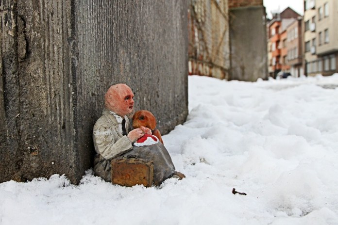 Homeless. Anderletch, Belgium. Cement Eclipses -By Isaac Cordal 2013 in 13