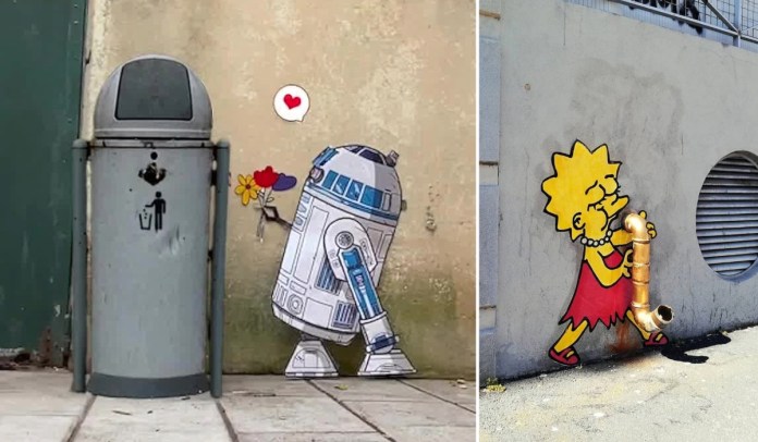 A collage showcasing two street art pieces by EFIX. On the left, R2-D2 from Star Wars offers a bouquet of flowers to a trash can, with a heart speech bubble adding a sweet touch. On the right, Lisa Simpson from The Simpsons is depicted playing a saxophone cleverly created from a golden urban pipe. Both artworks showcase EFIX's talent for blending pop culture with urban elements in playful and imaginative ways.