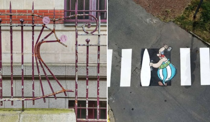 A side-by-side collage of two street art pieces by Oakoak. On the left, a rusted metal fence is transformed into a dancing figure with painted smiling faces, blending decay with charm. On the right, a playful depiction of Obelix from the Asterix comics integrates with a crosswalk, with the white stripes representing the menhir he carries. Both pieces showcase Oakoak's ability to creatively adapt urban elements into whimsical art.