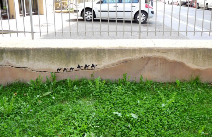 A clever street art piece by Oakoak depicting a caravan of tiny silhouetted camels and riders walking along the natural crack in a concrete wall. The artist uses the crack as a visual cue to mimic a desert path, blending the man-made urban environment with imaginative storytelling. The wall is situated near a patch of green grass, with a fence and parked cars visible in the background. This work exemplifies Oakoak's talent for reinterpreting everyday urban flaws into whimsical artistic scenes.