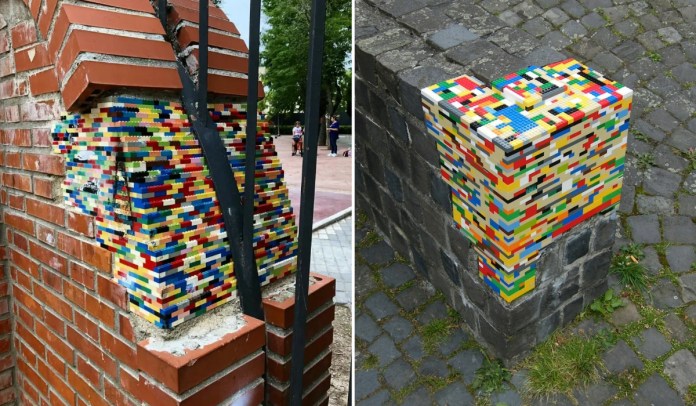 A split image showing two LEGO brick repairs by Jan Vormann's Dispatchwork project. On the left, a crumbling red brick wall is patched with vibrant LEGO bricks, creating a colorful mosaic within the cracks, while a black iron bar runs diagonally across the repair. On the right, a corner of an old stone wall is restored with multicolored LEGO bricks, blending playful creativity with urban decay. Both pieces highlight the fusion of art and functionality in transforming damaged structures.