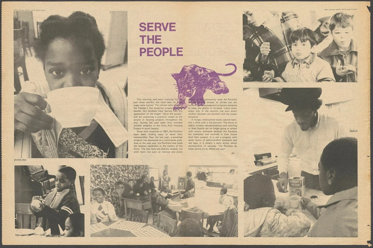 Old and weathered newspaper spread about the Black Panthers “free breakfast for children” program. There are photos of elementary kids eating food, drinking beverages, and being served by adults. The adults and most of the children are Black. There are also some white kids. A headline near an illustration of a panther reads “serve the people.” Below it is indiscernible body copy.