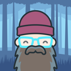 Illustration of me with a content facial expression. I am wearing a wine colored beanie, teal glasses, and my long full beard is brown with gray edges. There is a dreary forest in the background.