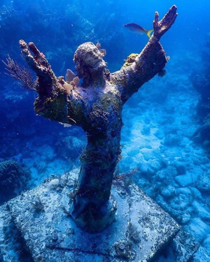 ‘Christ of the Abyss,’ an underwater bronze statue of Jesus Christ, located off the coast of Key Largo, Florida, in the John Pennekamp Coral Reef State Park. The statue depicts Christ with open arms raised toward the surface, covered in marine growth, symbolizing peace and offering a connection between humanity and the sea. This iconic sculpture, submerged at a depth of approximately 25 feet, attracts divers from around the world and serves as both a spiritual and environmental symbol within the vibrant underwater ecosystem.