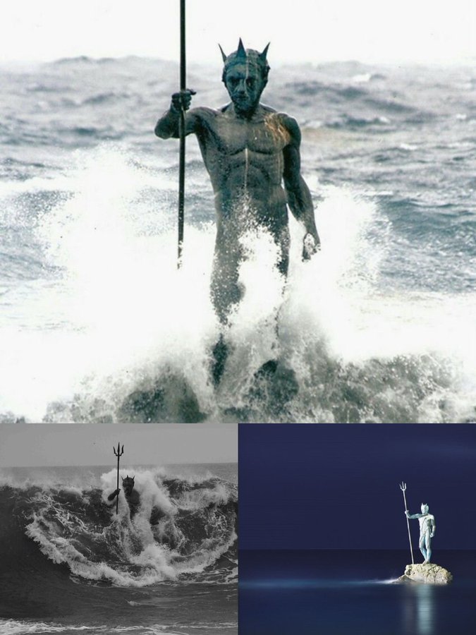 Statue of Neptune (Poseidon) in Gran Canaria, Spain, standing powerfully against the waves with a trident in hand. The collage shows different views of the statue: one with waves crashing around it, another in black and white emphasizing the dramatic interaction with the ocean, and a third at night, where it appears isolated against a dark, calm sea. This impressive sculpture captures the mythical god of the sea in a commanding pose, evoking themes of strength and the majesty of the ocean.