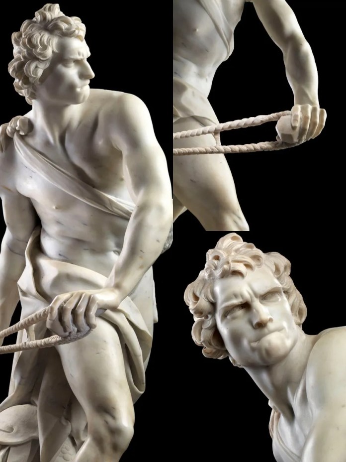 Close-up views of Gian Lorenzo Bernini's marble statue of David, housed in the Galleria Borghese in Rome, Italy. The dynamic sculpture captures the biblical hero mid-action, winding up to sling a stone. Bernini's David is depicted with intense focus, furrowed brows, and clenched lips, conveying determination. The statue’s muscular arms and detailed hands grip the twisted ropes of the sling, showcasing Bernini’s skill in portraying tension and movement in marble. This statue contrasts Michelangelo’s famous David by capturing the hero in the midst of battle rather than in a calm, contemplative stance.