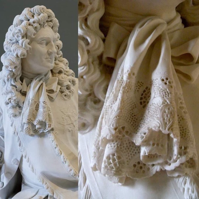 Intricately detailed marble statue created by French sculptor Louis Philippe Mouchy in 1781, featuring a highly realistic handkerchief carved to appear as delicate lace, draped around the neck of the figure. The sculpture captures the fine details of the lacework, folds, and textures, showcasing Mouchy’s skill in replicating soft fabrics in hard marble, a testament to his mastery of the medium. The statue also displays the figure’s elaborate curls and formal attire, highlighting the elegance and refinement typical of 18th-century French sculpture.