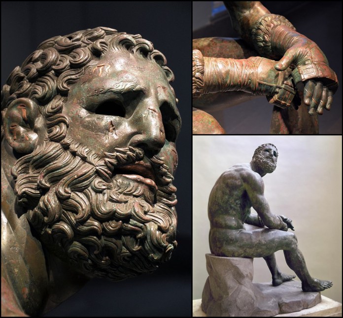 The Resting Boxer, an ancient bronze sculpture over 2,000 years old, showcasing a seated, muscular boxer with strikingly realistic details. Close-up views highlight his battered face, with a broken nose, cauliflower ears, and scarred skin, symbolizing the toll of his profession. His hands are wrapped in thick, worn leather straps, and he sits with a weary, contemplative gaze, capturing the vulnerability and strength of an ancient warrior. The piece, excavated in Rome in 1885, remains one of the finest surviving examples of bronze craftsmanship from antiquity, deeply resonating with viewers through its intense realism and emotion.
