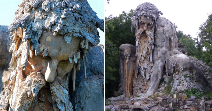 Side-by-side image of the Apennine Colossus, a monumental 16th-century sculpture by Giambologna in Tuscany, Italy. The left panel features a close-up of the statue's face, highlighting the intricate details of its rugged beard and textured hair, blending into the natural rock. The right panel shows a full view of the colossal figure crouching amidst lush greenery, emphasizing its grandeur and integration with the surrounding landscape. This striking combination showcases both the artistic craftsmanship and the majestic scale of the Renaissance masterpiece.