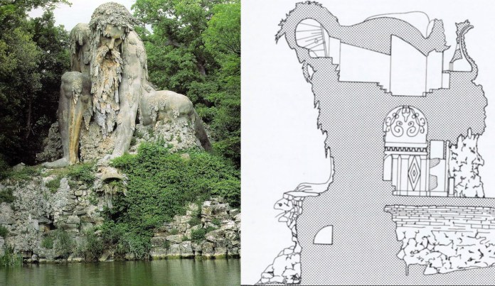 Side-by-side image of the Apennine Colossus and a detailed architectural drawing of its interior structure. The left half shows the monumental sculpture by Giambologna, a massive stone figure blending into the natural environment, surrounded by greenery and reflecting in a nearby pond. The right half illustrates the internal design of the sculpture, revealing its hollow chambers and structural complexity, including a grotto and intricate architectural elements that indicate it was built to house rooms and possibly fountains. This juxtaposition highlights both the artistic grandeur and engineering ingenuity behind the 16th-century masterpiece located in the Villa Demidoff park near Florence, Italy.