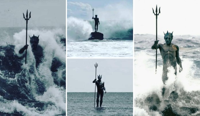 A collage of four striking images showcasing the Neptune, or Poseidon, sculpture in Gran Canaria, Spain. The top-left image shows the statue shrouded in crashing waves in black-and-white. The top-right image captures Neptune standing on a rock as a massive wave rises behind him. The bottom-left image depicts the sea god holding his trident in calm waters, while the bottom-right image highlights the statue amidst powerful waves breaking at its feet. Together, the images illustrate the dynamic interaction between the sculpture and the ocean.