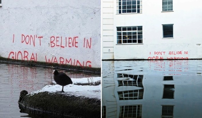 A collage of two images showcasing Banksy's street art in Camden, London, with the text 'I DON’T BELIEVE IN GLOBAL WARMING' written in bold red graffiti on a white wall. The first image features a bird perched on a snow-covered embankment, while the second image highlights the graffiti partially submerged in water, symbolizing rising sea levels. Both views emphasize Banksy's environmental commentary.