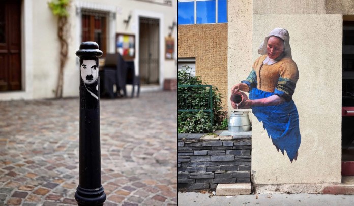 A split-image of two street art pieces by Oakoak in France. On the left, a black bollard is painted with the face and hat of Charlie Chaplin, humorously transforming the post into a tribute to the silent film legend. On the right, a reimagining of Vermeer’s The Milkmaid is painted on a wall, with the illusion of milk pouring from the jug into a real milk can placed below.