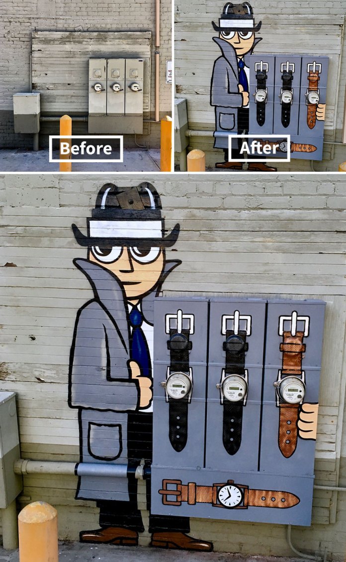 Street art by Tom Bob in California, USA, transforming electrical meters into an interactive mural. The artwork depicts a cartoonish trench-coated figure resembling a classic "watch dealer" from pop culture, using the meters as watch faces on wristbands. The clever integration of urban infrastructure into the design adds a playful touch, turning an otherwise mundane wall into a humorous and eye-catching piece.