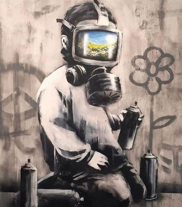 Banksy's stencil artwork 'Gas Mask Boy' showing a child in a gas mask with a vibrant, floral landscape reflected in the visor, located in London, UK.