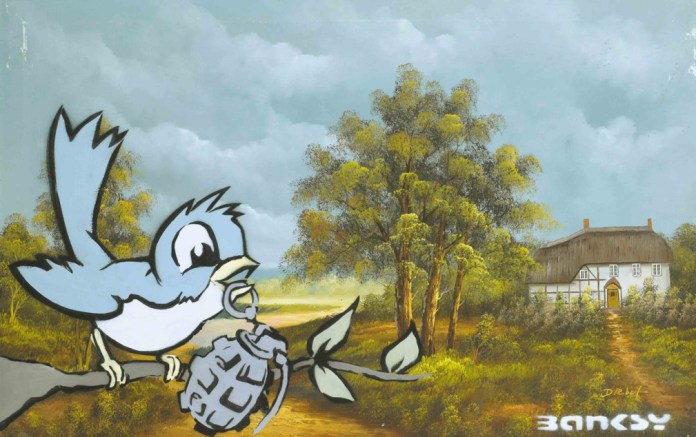 Artwork by Banksy featuring a cartoon-style bluebird perched on a branch, holding the pin of a hand grenade with its beak, set against a serene pastoral background with a cottage and lush trees. The juxtaposition of the peaceful scene with the bird's dangerous accessory reflects Banksy's signature commentary on innocence, violence, and the unexpected in modern society.