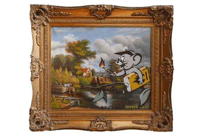 Banksy artwork featuring a mischievous cartoon mouse holding a lit match and dynamite, set within a vintage-style pastoral painting. The mouse’s graffiti-like style contrasts sharply with the classic landscape, complete with cottages and trees, framed in an ornate golden frame. This piece exemplifies Banksy's approach of blending traditional art with contemporary, subversive elements, challenging norms and adding humor and social commentary.