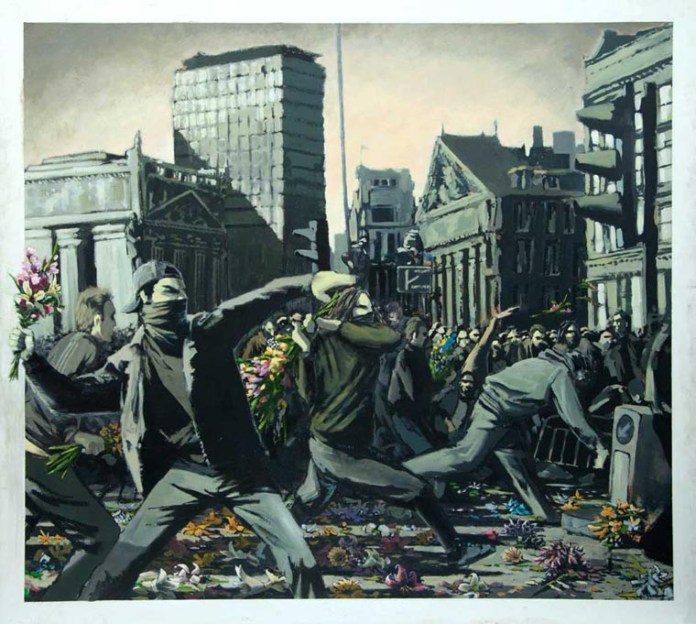 Artwork titled 'Love Is In The Air' from Banksy's first non-street art exhibition in Easton, Bristol, 1997. The painting depicts a group of masked and hooded protesters in an urban setting, their hands raised, but instead of throwing stones or weapons, they hold and throw flowers. The vibrant colors of the flowers contrast sharply with the dark, gritty surroundings, creating a powerful commentary on peace and resistance. The background features a cityscape with damaged buildings, symbolizing conflict and civil unrest, while the act of hurling flowers introduces an ironic twist that advocates for non-violent protest.