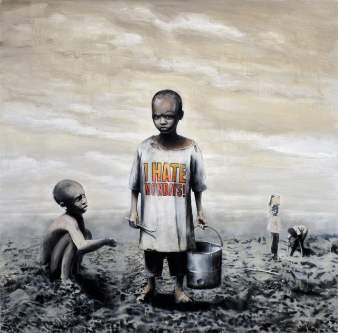 'I Hate Mondays' by Banksy, exhibited at The Museum of Contemporary Art Los Angeles (MOCA) in 2011. The artwork features a young child in a barren landscape, holding a metal bucket and stick, wearing a worn T-shirt that humorously reads 'I HATE MONDAYS!' in bold letters. Surrounding him are other children engaged in labor, highlighting the contrast between Western complaints about mundane inconveniences and the harsh realities faced by many in impoverished regions. The muted color palette underscores the somber tone of the scene.