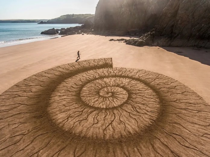 Massive spiral sand artwork by Jon Foreman at Lindsway Bay, featuring root-like textures radiating outward in a fossil pattern. A single person walks near the top edge of the design, with tall cliffs, smooth sand, and coastal landscape in the background.