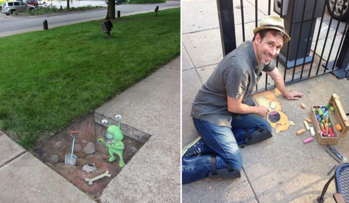 A two-image collage showcasing the whimsical chalk art of David Zinn. The left image features a playful alien excavation scene, where a green alien with antennae examines a bone in a hole surrounded by a shovel and unearthed artifacts, seamlessly blending into the urban sidewalk near a grassy area. The right image shows David Zinn kneeling on a city sidewalk, smiling as he creates a vibrant chalk drawing of a cartoon-style dog, with an open box of colorful chalks beside him. Both images highlight Zinn’s imaginative and interactive approach to street art.