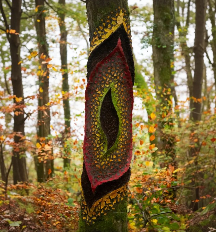 Orange leaves spiraling up a tree trunk and extending outward in a circular pattern.