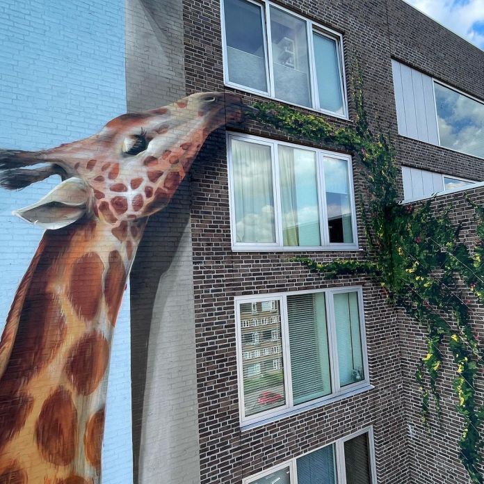 Close-up view of Jan Is De Man's mural in Utrecht, Netherlands, showing a realistic giraffe painted on the side of a building, reaching out to eat greenery growing on the neighboring wall.