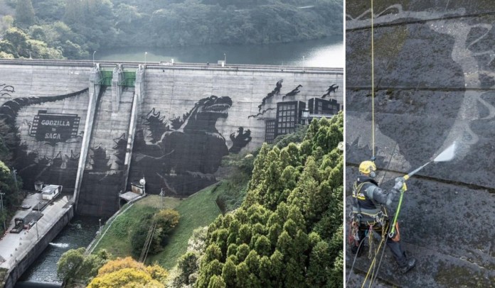 A collage showing two aspects of the "Godzilla in Saga Dam Art Project Powered by Kärcher." On the left, a wide view of the Iwayagawachi Dam in Saga Prefecture, Japan, with a giant reverse graffiti artwork of Godzilla towering over a cityscape. On the right, a close-up of a Kärcher climber using high-pressure cleaning tools to remove moss and dirt, revealing the details of Godzilla’s silhouette. This project combines art and technology to celebrate the 50th anniversary of the dam and Godzilla’s 70th birthday.