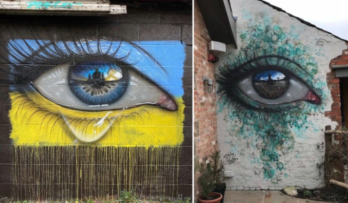 Side-by-side mural artwork by My Dog Sighs. The left mural, located in Cardiff, Wales, features a hyper-realistic eye with a blue iris and a reflection of Kyiv's skyline under smoke, set against a background of blue and yellow, symbolizing the Ukrainian flag. The eye sheds a tear, symbolizing sorrow over the Russian invasion of Ukraine. The right mural, found in Eccleston, England, depicts a similarly realistic eye with a reflective iris that captures the surrounding landscape. The background is adorned with textured aqua and green splashes, adding an organic feel to the piece. Both murals exhibit My Dog Sighs’ signature emotional depth and meticulous detail.