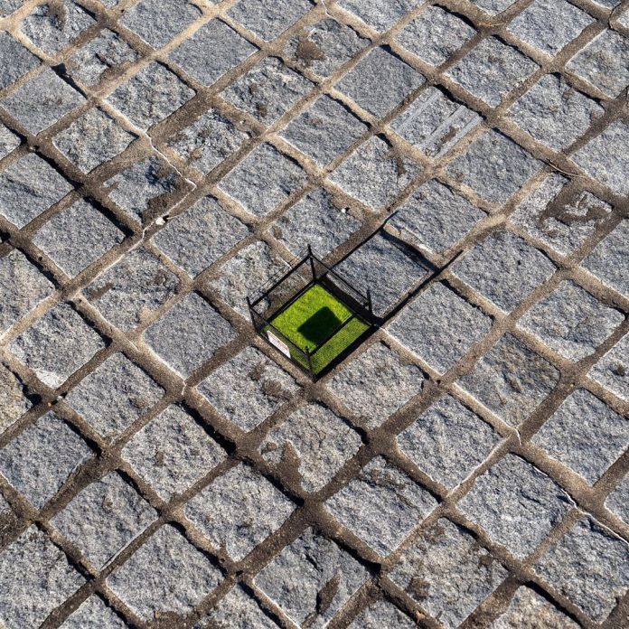 A wide view of a cobblestone surface featuring a small patch of artificial grass enclosed by a miniature barbed wire fence with a "KEEP OUT: PRIVATE PROPERTY" sign. This street art by Michael Pederson in Sydney, Australia, creates a striking contrast between the isolated "private" space and the expansive public setting.