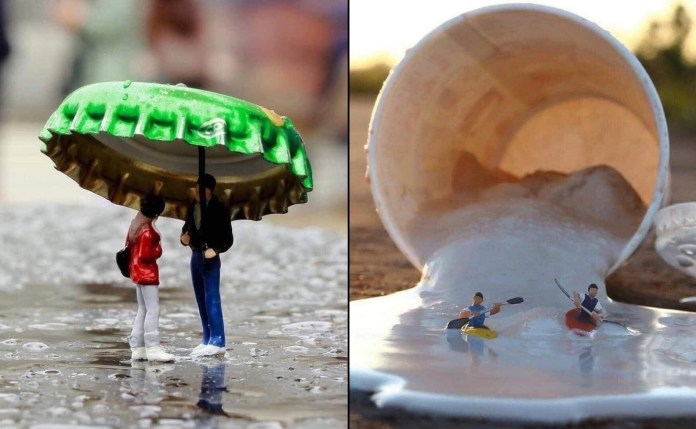 Split-image of two miniature street art scenes by Slinkachu. On the left, a tiny couple stands on wet pavement under a green bottle cap used as an umbrella, surrounded by raindrops. On the right, two miniature kayakers paddle through a stream of spilled white liquid flowing from a tipped-over cup, resembling a river. Both scenes use everyday objects creatively to mimic large-scale environments.