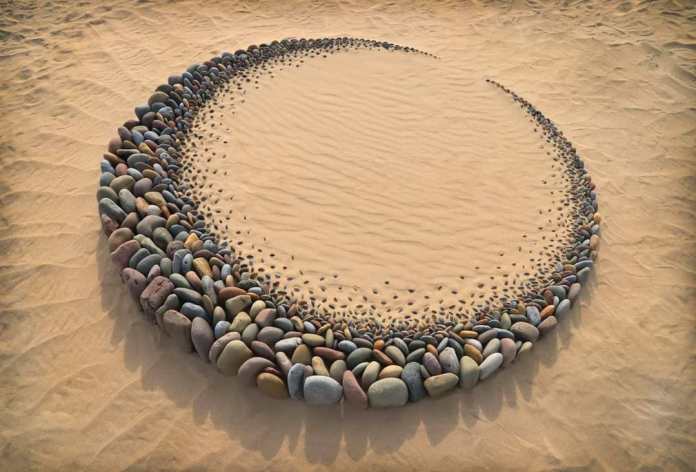 A serene land art piece titled “Exspergo Luna” by Jon Foreman, created at Freshwater West, Wales, UK. The design features a crescent shape made from colorful stones, carefully arranged on golden sand. The gradient of pebbles fades into smaller pieces, adding a delicate texture and enhancing the moon-like appearance of the artwork, set against the rippling patterns of the sandy surface.