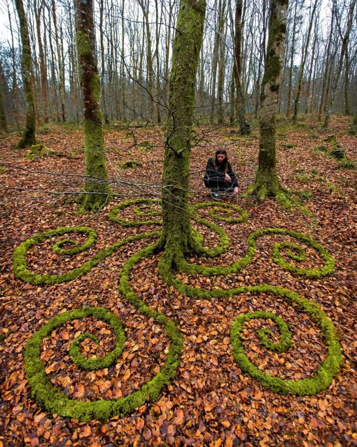 Land art spiral made of moss by Jon Foreman in Minwear Woods, Wales. A series of green moss spirals radiate from the base of a tree, carefully arranged on a forest floor covered in brown autumn leaves. The artist is seen kneeling in the background, emphasizing the natural setting and thoughtful placement. The moss was ethically collected to allow regrowth, and the secluded hillside location was chosen to avoid foot traffic.